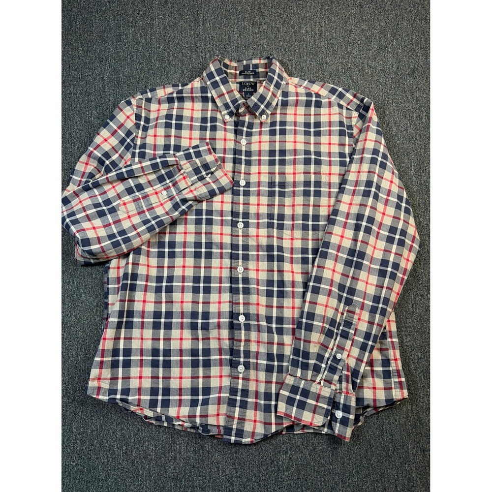 J.Crew Flex Washed Slim Untucked Plaid Button Down Shirt‎ Navy Red Mens Large